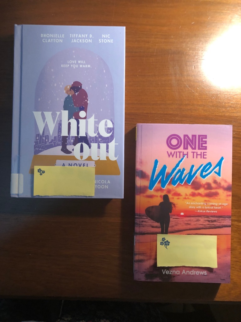 Two books: “One with the Waves” and “Whiteout.” The cover of “Whiteout shows a couple kissing in the snow inside what appears to be a snow globe. “One with the Waves” shows a girl holding a surfboard and walking along the beach as teh sun sets. 